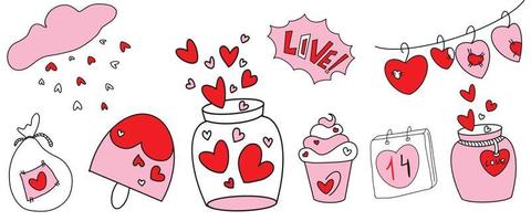 vetor doodle coração, amor, sorvete, bolo, jarra e guirlanda com corações