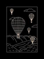 balões de ar quente no céu acima do rio. mão desenhada ilustração vetorial de contorno. vetor