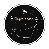 Capricórnio. signo do zodíaco e constelação em um círculo. conjunto de signos do zodíaco em estilo doodle, desenhados à mão. vetor