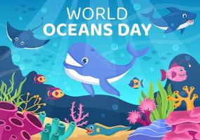 ilustração dos desenhos animados do dia mundial do oceano com cenário subaquático, vários peixes, corais e plantas marinhas dedicados a ajudar a proteger ou preservar vetor