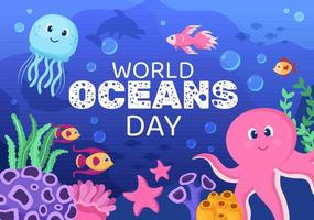 ilustração dos desenhos animados do dia mundial do oceano com cenário subaquático, vários peixes, corais e plantas marinhas dedicados a ajudar a proteger ou preservar vetor