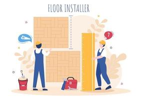 ilustração dos desenhos animados de instalação de piso com reparador, colocando pisos profissionais de parquet, madeira ou ladrilho em design de renovação de piso de casa vetor