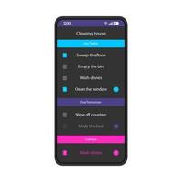 modelo de vetor de interface de smartphone de cronograma de limpeza de casa. layout de design preto da página do aplicativo móvel. calendário de limpeza, tela do organizador. interface do usuário plana para aplicação. semanal para fazer a lista. visor do telefone