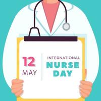bandeira de vetor do dia internacional da enfermeira. nuse ou médico mantém o cartão de pacientes na mão.