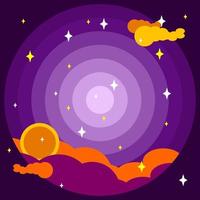 ilustração de fantasia do céu noturno com estrelas, nuvens e lua. roxo, laranja, amarelo e branco. adequado para decoração, copyspace e plano de fundo vetor