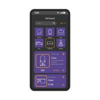 modelo de vetor de interface de smartphone de mercado online. layout de design preto da página do aplicativo de compras para dispositivos móveis. placa de anúncios, tela do aplicativo de comércio eletrônico. interface plana. venda, compra de exibição de telefone da plataforma