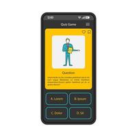 modelo de vetor de interface de smartphone de aplicativo de jogo de perguntas e respostas. layout de design preto de página móvel. tela do aplicativo gameshow. intelectual jogar ui plana. pergunta de teste de conhecimento, respostas no visor do telefone