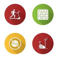 conjunto de ícones de glifo de design plano de fitness de longa sombra. equipamento esportivo. esteira, calendário de treinos, alimentação saudável, bicicleta ergométrica. ilustração em vetor silhueta