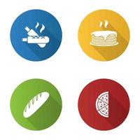 conjunto de ícones de glifo de design plano de padaria longa sombra. cachorros-quentes franceses, pilha de panquecas, pão, metade de pizza. ilustração em vetor silhueta