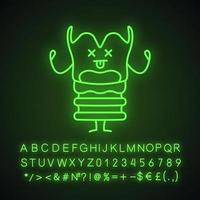 ícone de luz neon de personagem de laringe infeliz. emoji de caixa de voz triste. laringologia e distúrbios da laringe. sinal brilhante com alfabeto, números e símbolos. ilustração vetorial isolada vetor