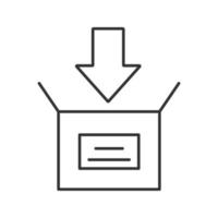 pacote linear ícone de embalagem. caixa aberta com seta para baixo. ilustração de linha fina. baixando. símbolo de contorno. desenho de contorno isolado de vetor