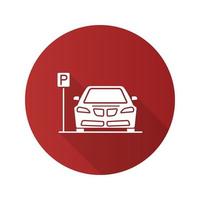 ícone de glifo de sombra longa design plano de zona de estacionamento. carro com sinal de estrada p. ilustração em vetor silhueta