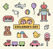 coleção de logotipo e brinquedos do dia das crianças. ilustração em vetor estilo design plano.