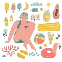 conjunto de elementos bonitos de férias de verão. mulher sentada com anel de natação, colchão com óculos de sol, câmera, sorvete, livro, limonada etc. ilustração vetorial plana mão desenhada para cartão postal, pôster, adesivo vetor