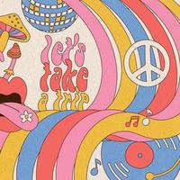 vamos fazer uma viagem - cartão ou banner com impressão de slogan lettreing com cogumelos estilo hippie, fundo de arco-íris e lábios, ilustração vetorial gráfica abstrata desenhada à mão com tema groovy dos anos 70. vetor