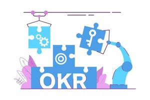 robô industrial puzzle assembly.okr business concept.objectives e resultados-chave. vector illustration.isolated plano no fundo branco.