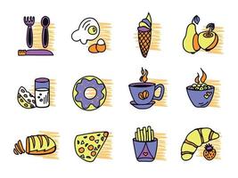 doodle brilhante de comida, ícone definido em tons de amarelo-violeta vetor
