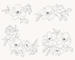 coleção de elementos de buquê de flores de peônia de arte de linha doodle vetor
