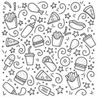 conjunto de doodle de fast food de mão desenhada. ilustração vetorial. vetor