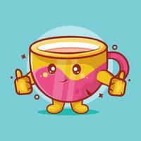 personagem de xícara de café kawaii com polegar duplo para cima dos desenhos animados isolados de mão em design de estilo simples. ótimo recurso para ícone, símbolo, logotipo, adesivo, banner. vetor