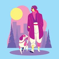 uma mulher andando com seu cachorro