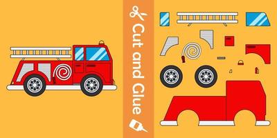 caminhões de bombeiros. jogo de papel de educação para crianças. corte e cole. ilustração vetorial vetor