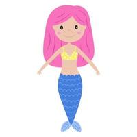 linda garota sereia com cabelo rosa e rabo de peixe azul. ilustração vetorial no estilo engraçado dos desenhos animados. impressão para têxteis de bebê, convite, livros infantis, papel de embrulho, design e decoração. garota sorridente