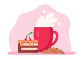 copo com bebida, biscoitos e pedaço de bolo, ilustração vetorial em estilo simples de desenho animado. xícara de café, cacau ou chá. cereja e morango. saboroso café da manhã ou coffee-break. imprimir para cartões, adesivo vetor