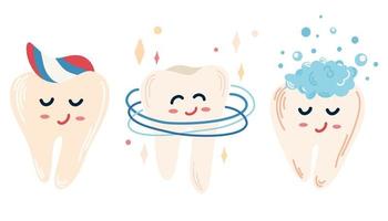 dentes saudáveis dos desenhos animados felizes. dentes limpos. cuidado dental. para crianças instruções sobre escovação de dentes, impressão e livretos. mão desenhar ilustração vetorial isolada no fundo branco. vetor