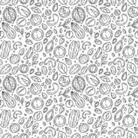 nozes e sementes vetor padrão sem emenda com ícones no estilo doodle. nozes lineares pretas, macadâmia, avelãs e amendoins