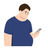 um jovem personagem masculino gordo usando um telefone celular, vida diária milenar vetor