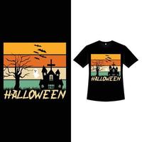 design de t-shirt de cor retrô de halloween com uma silhueta de árvore morta. design de moda de halloween com um cemitério, casa assombrada e árvore morta. design de t-shirt de cor vintage assustador para evento de halloween. vetor
