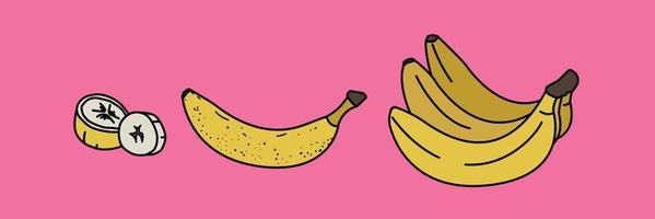 esboçar conjunto de banana. cachos de frutas maduras e pedaços. comida saudável. fruta amarela em estilo simples. ilustração vetorial em fundo rosa vetor