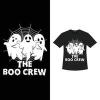 design de t-shirt de cor preta simples de halloween com fantasma de três silhuetas e teia de aranha. design de elemento engraçado de halloween com um fantasma, teia de aranha e caligrafia. design de t-shirt assustador para o halloween. vetor