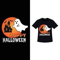 design de t-shirt de cor preta de halloween com uma casa assombrada. design de silhueta de elemento de halloween com um fantasma fofo e caligrafia assustadora. design de t-shirt assustador para o halloween. vetor