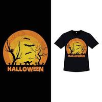 design de t-shirt de cor retro elegante de halloween com árvores mortas, morcegos, um gato e lápides. design de t-shirt assustador de halloween com cor vintage e caligrafia. design de moda assustador para o halloween. vetor