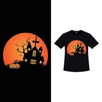 design de t-shirt de halloween com cor vintage e casa assombrada. projeto de silhueta de casa assombrada com lanterna de abóbora. design de camiseta assustador para evento de halloween. vetor