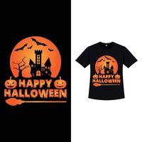 design de t-shirt de cor preta de halloween com uma casa assombrada. design de silhueta de elemento de halloween com uma árvore morta e caligrafia. design de t-shirt assustador para o halloween. vetor