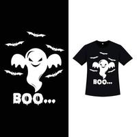 design de t-shirt de cor preta simples de halloween com um fantasma branco e tipografia. design de elemento engraçado de halloween com um fantasma branco, muitos morcegos e caligrafia. design de t-shirt assustador para o halloween. vetor