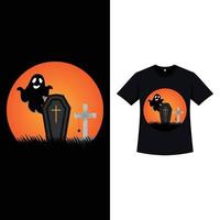 design de t-shirt de cor preta simples de halloween com um fantasma de silhueta e caixão. design de elemento engraçado de halloween com um fantasma, caixão e lápide. design de t-shirt assustador para o halloween. vetor