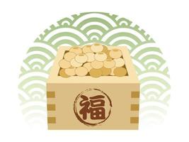 feijão da sorte em um recipiente quadrado de madeira para setsubun japonês, o final do festival de inverno. ilustração vetorial. tradução de texto - fortuna. vetor