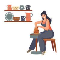 uma jovem feliz fazendo um pote de cerâmica na roda de oleiro na oficina. ilustração vetorial vetor