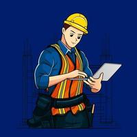 o empreiteiro de construção usando ilustração vetorial de laptop pro download