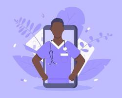 conceito de serviço médico on-line médico com médico na ilustração vetorial de smartphone. vetor