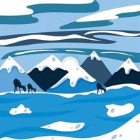 bela paisagem de inverno azul claro com vetor de colinas e renas