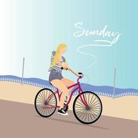 mulher andando de bicicleta para a praia. estilo de vida saudável - vetor