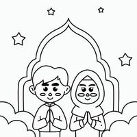 página para colorir ilustração de desenho animado bonito de meninos e meninas muçulmanos, dando as boas-vindas ao eid al-fitr ramadan para banners, panfletos, adesivos vetor