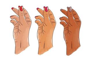 mãos brancas, asiáticas e afro-americanas. mão desenhada mão feminina com unhas compridas, tirando o gesto do dedo. adesivo, ilustração vetorial de estoque isolado no branco. esboço em estilo pop art. chame atenção. vetor