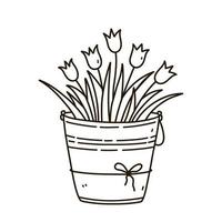 balde com tulipas isoladas no fundo branco. ilustração vetorial desenhada à mão em estilo doodle. perfeito para projetos de férias, cartões, logotipo, decorações. lindo buquê de flores. vetor