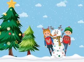 férias de natal com crianças e boneco de neve vetor